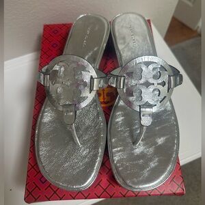 Wore 2hours! Like New/In box! Tory Burch metallic Silver Wedge sandals.